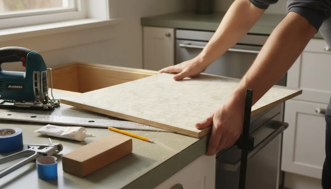 Hænder justerer en MDF-linoleum bordplade over en åbning til opvaskemaskinen i et lyst køkken.