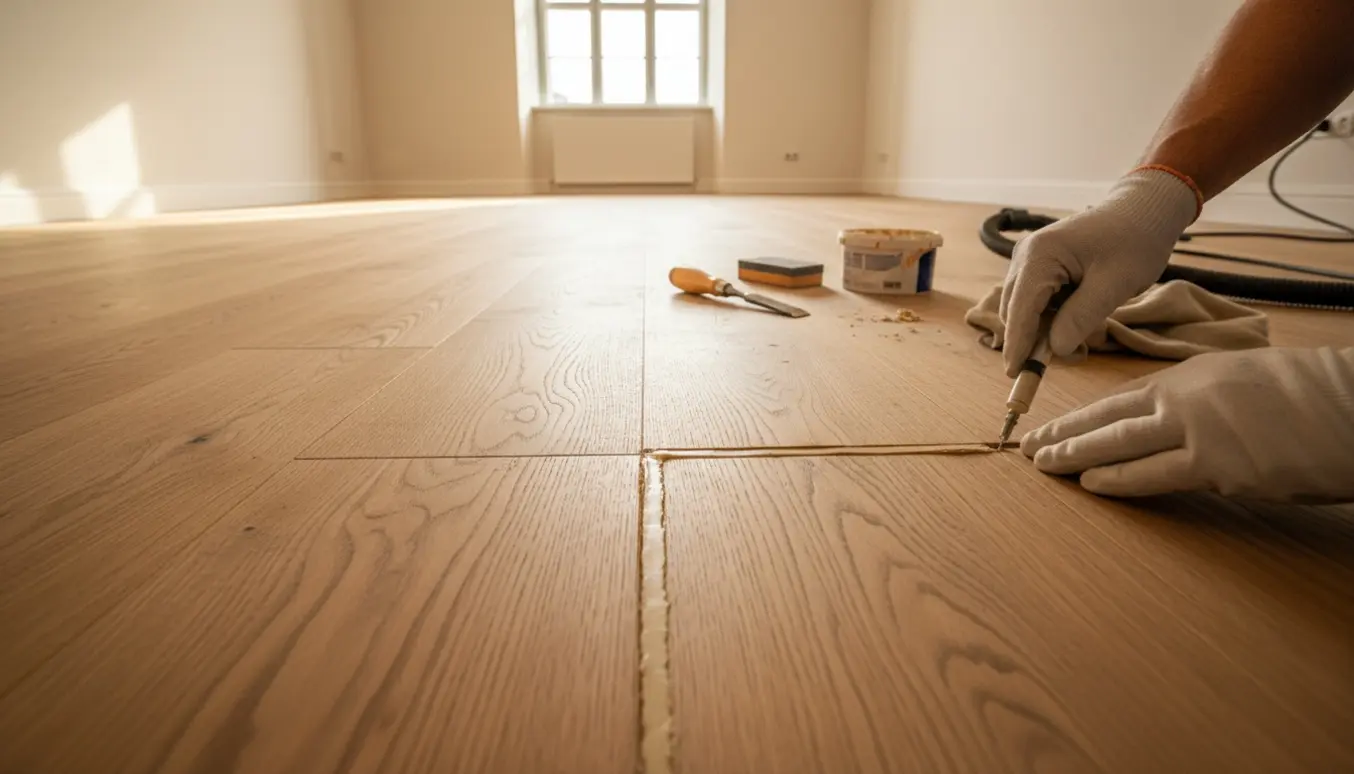 Handskeklædte hænder påfører træfuge i et nyafhøvlet trægulv i et lyst, møbelløst rum.