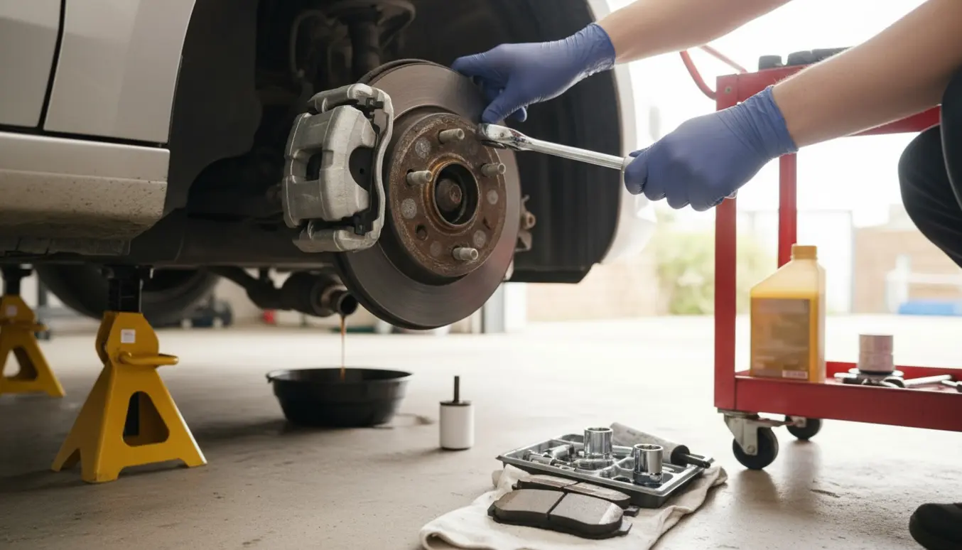 Nærbillede af udskiftning af forreste bremseklodser på en sedan med olienskifteudstyr i baggrunden.