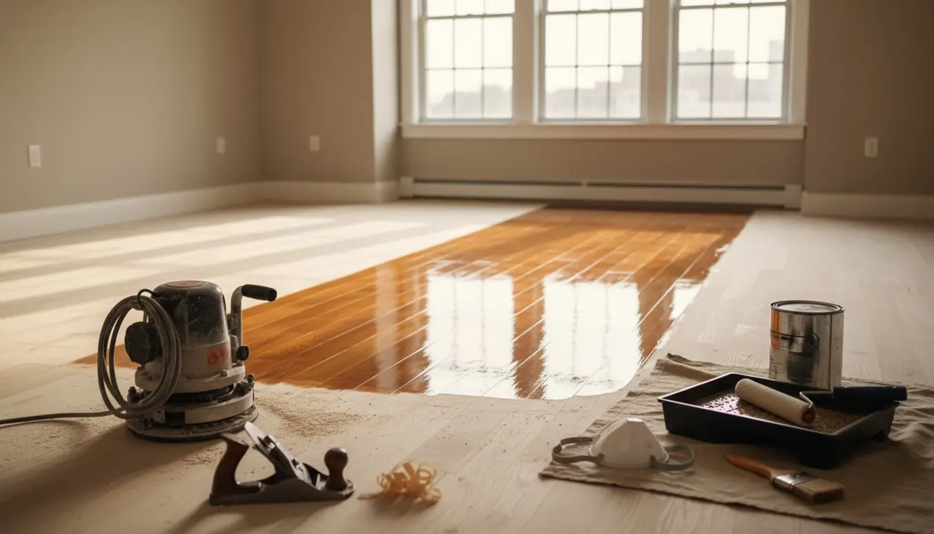 Tom lejlighed med trægulv under afhøvling og lakering og værktøj lagt pænt på gulvet.
