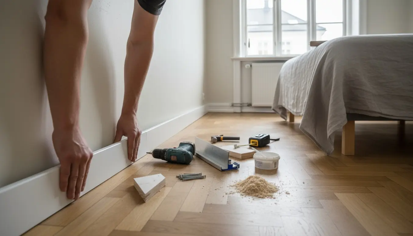 Soveværelse i en ældre Østerbro-lejlighed, hvor hænder monterer hvide fodlister langs en væg.