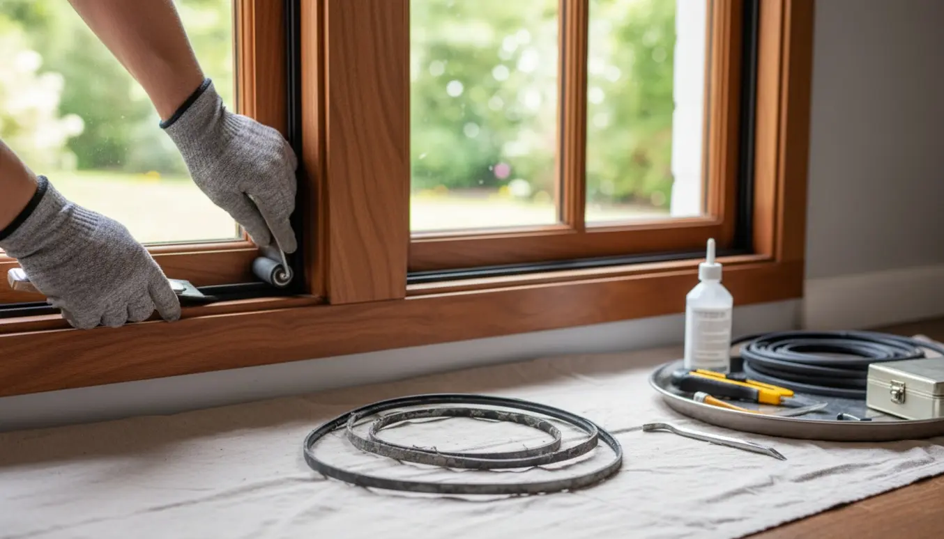 Nærbillede af hænder der sætter ny gummifuge i en mahognivindues karm med værktøj på et dækken.
