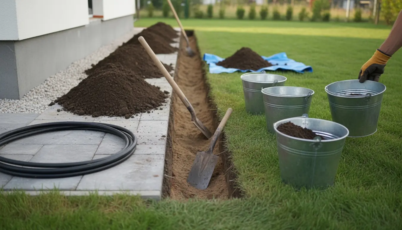 Gravet rende langs husets fundament med skovle, murerspande og opgravet jord ved siden af.