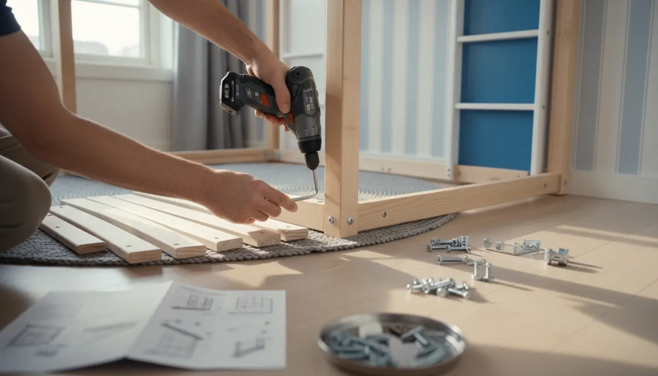 Partielt adskilt børnehøjseng med hænder, der skruer bolte ud, værktøj og dele ryddeligt lagt frem.