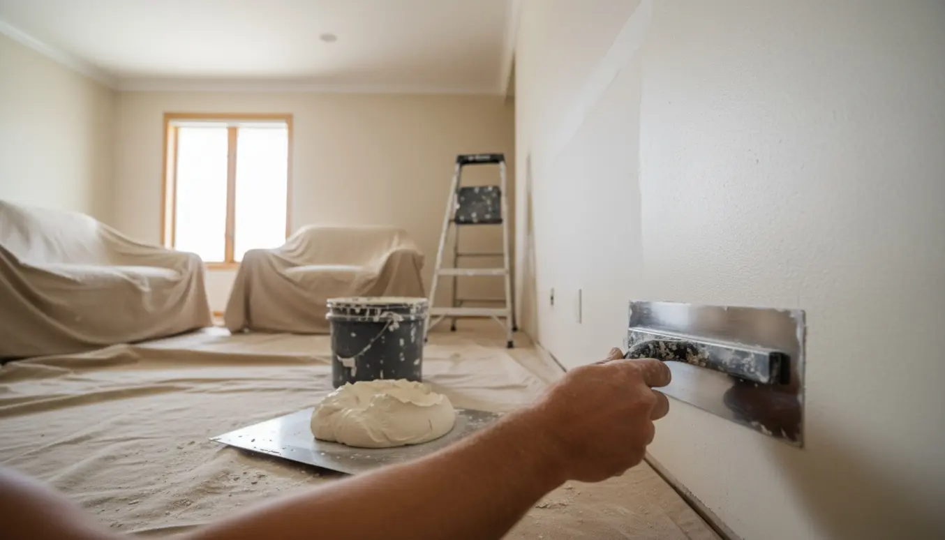 Hænder glatter frisk spartelmasse ud på en væg i et rum med afdækket gulv og stige.