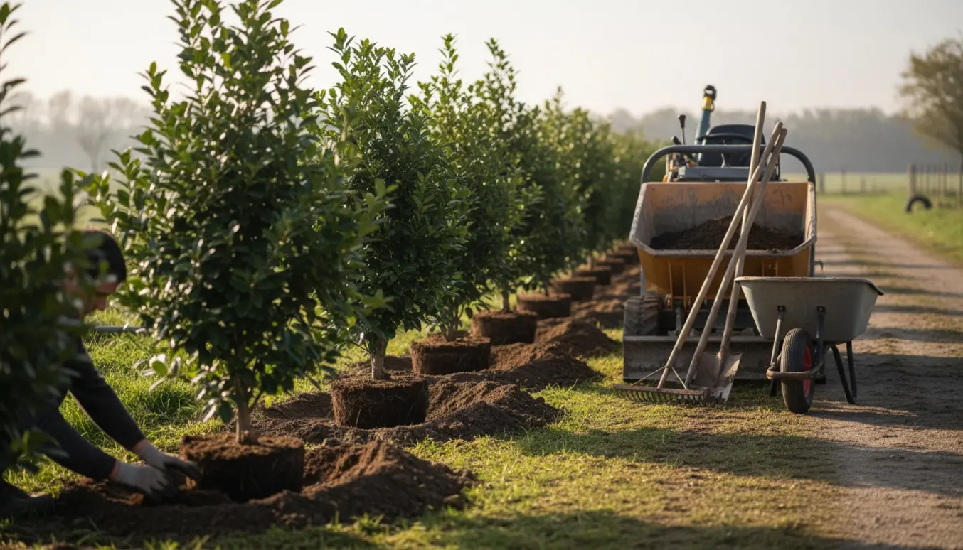 Unge kirsebær- og laurbærplanter ved skel, mens frisk muldjord fordeles fra en mini-dumper.