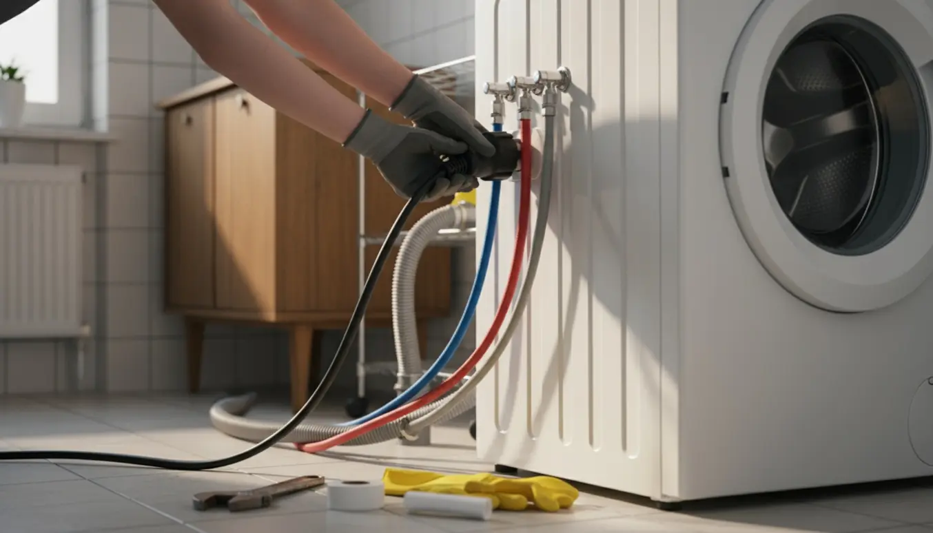 Hænder tilslutter en vaskemaskines kraftstik ved vandtilslutninger i et ældre hjem.