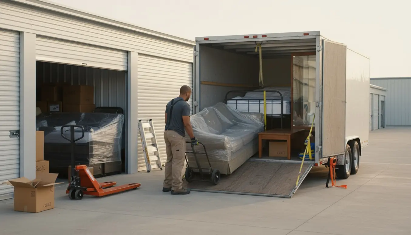 To flyttemænd læsser indpakkede møbler og kasser fra et åbent Boxit-lager over i en trailer.