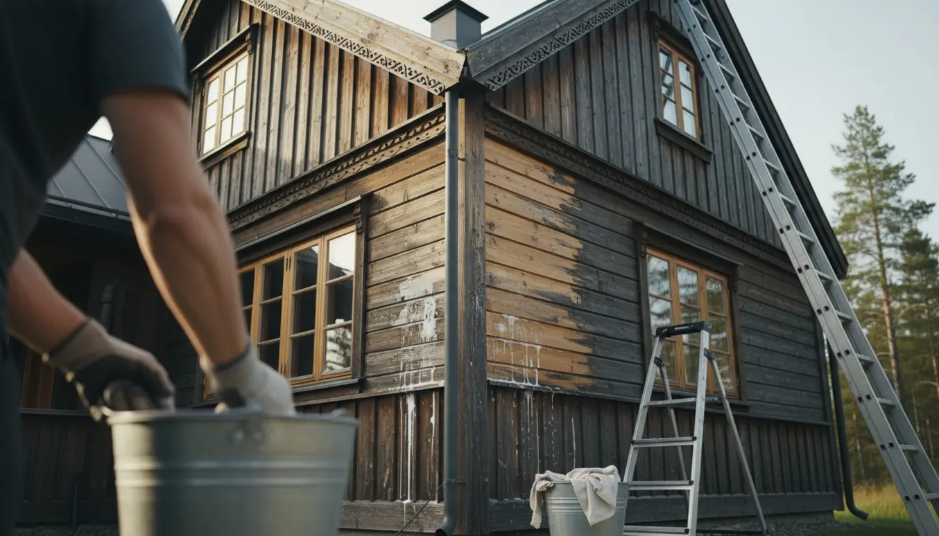 Hænder vasker vejrslidt træværk på et træhus under tagudhæng med stige, spand og børste.