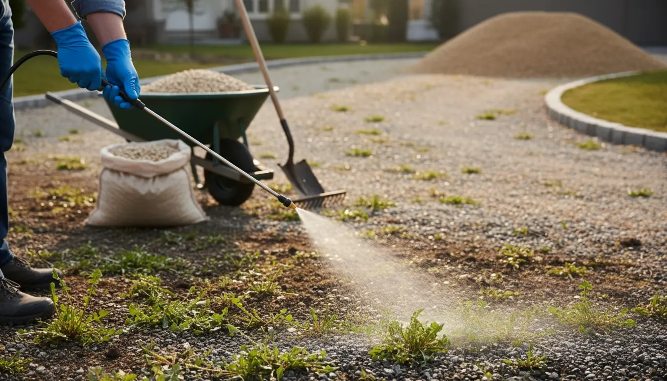 Håndsprøjte, der sprøjter ukrudt i en indkørsel med trillebør og bunke ærtesten klar til udlægning.