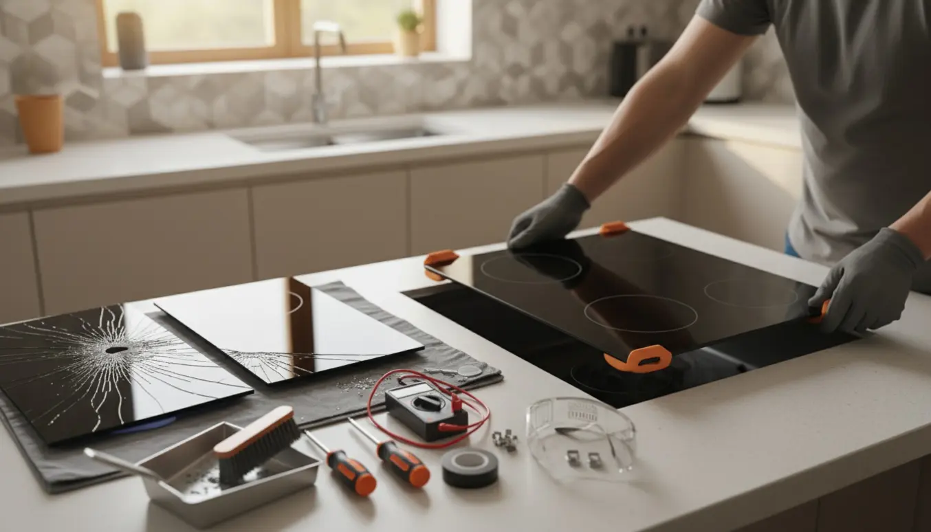 En tekniker sænker en ny glas-keramisk kogeplade ned i en køkkenbordudskæring, mens den flækkede gamle plade ligger til side.