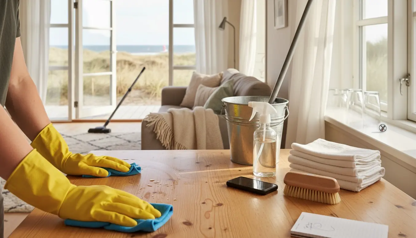 Hænder i handsker tørrer et træbord i et nyvasket sommerhus i Klitmøller med friske håndklæder og udsigt til klitter.