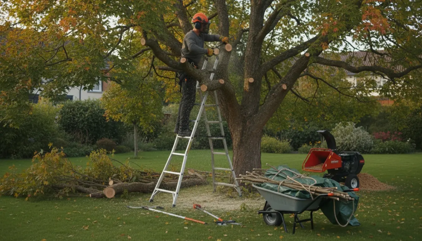 En beskæring af en 8–10 m høj ahorn i haven med snitflader og en bunke afskårne grene klar til bortskafning.