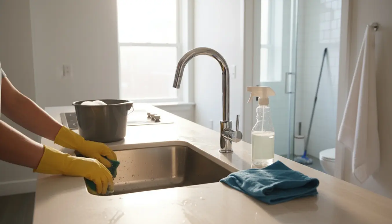 Gule handsker skrubber en køkkenvask i en tom lejlighed med rengøringsmidler og badeværelse i baggrunden.