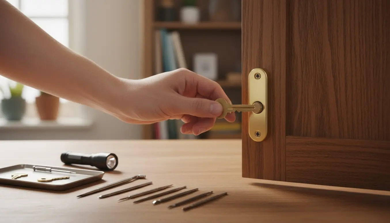 Nærbillede af hænder der åbner et låst træskab med låseværktøj i blødt naturligt lys.