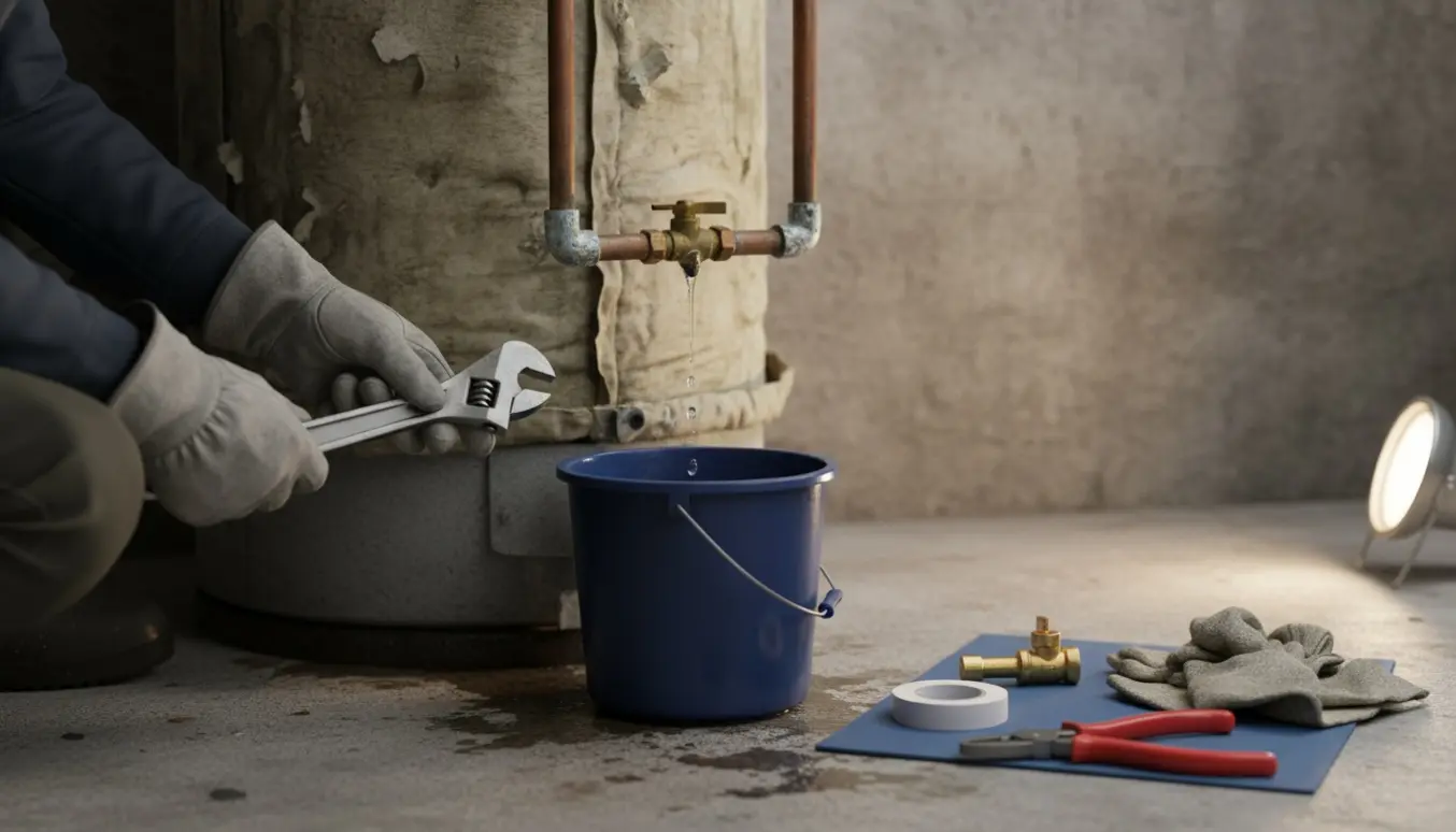 Nærbillede af handske-klædte hænder, der strammer en utæt rørforbindelse ved en ældre varmtvandsbeholder med en spand under dryppende ventil.