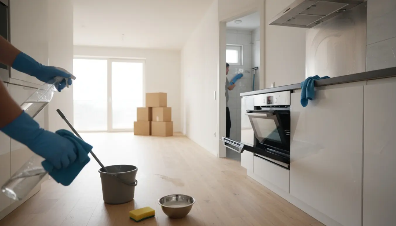 Handskerede hænder vasker køkkenskabe og afkalker fliser i en tom fraflytningslejlighed.