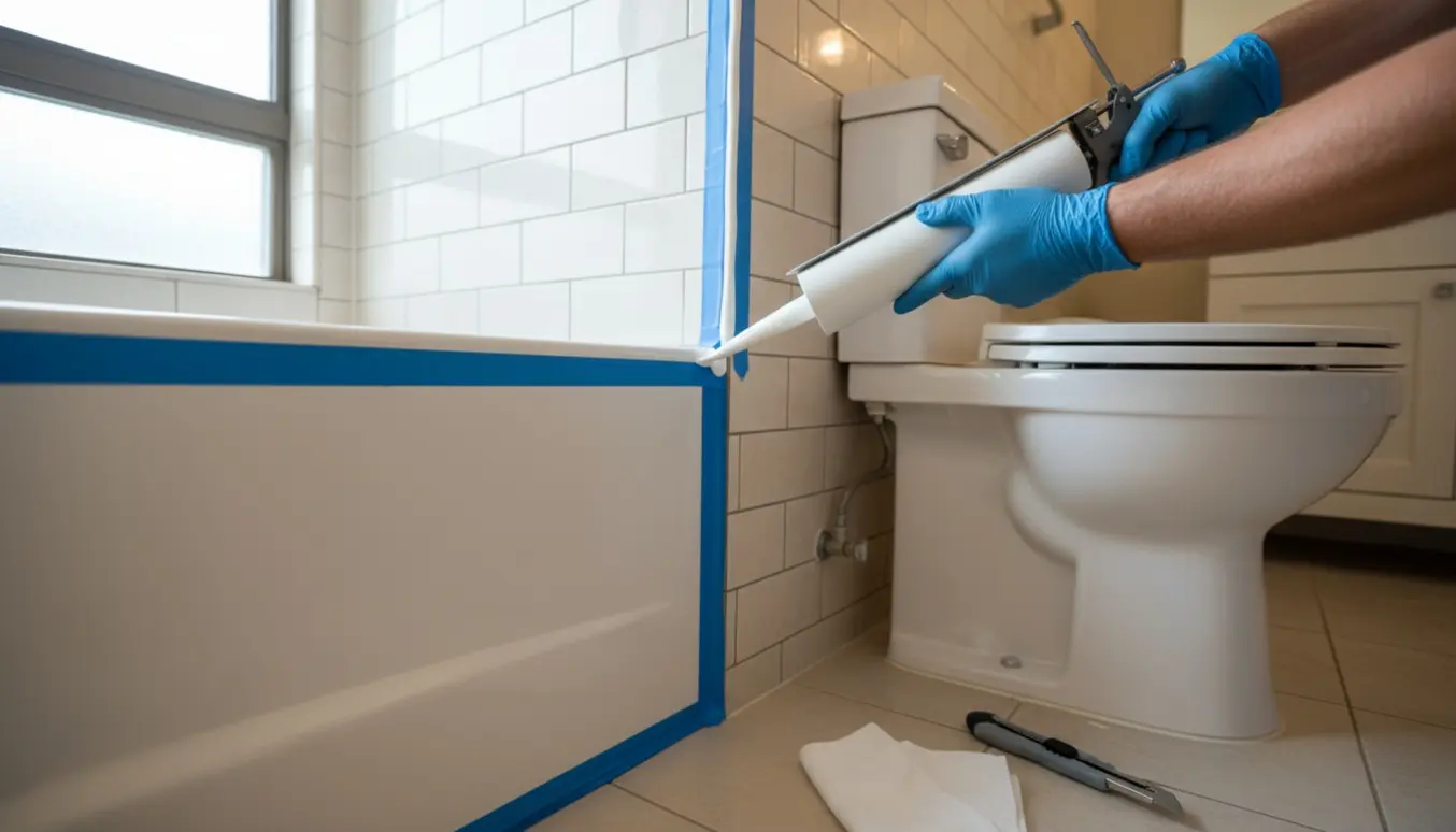 Hænder påfører og glatter en hvid siliconefuge langs badekarrets kant og omkring toilettets fod i et lyst badeværelse.