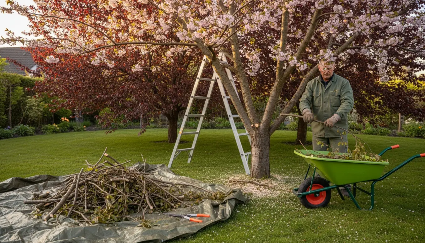 Beskæring af et kirsebærtræ og en blodblomme i en solrig have med stige, grensakse og trillebør fyldt med beskæringsaffald.