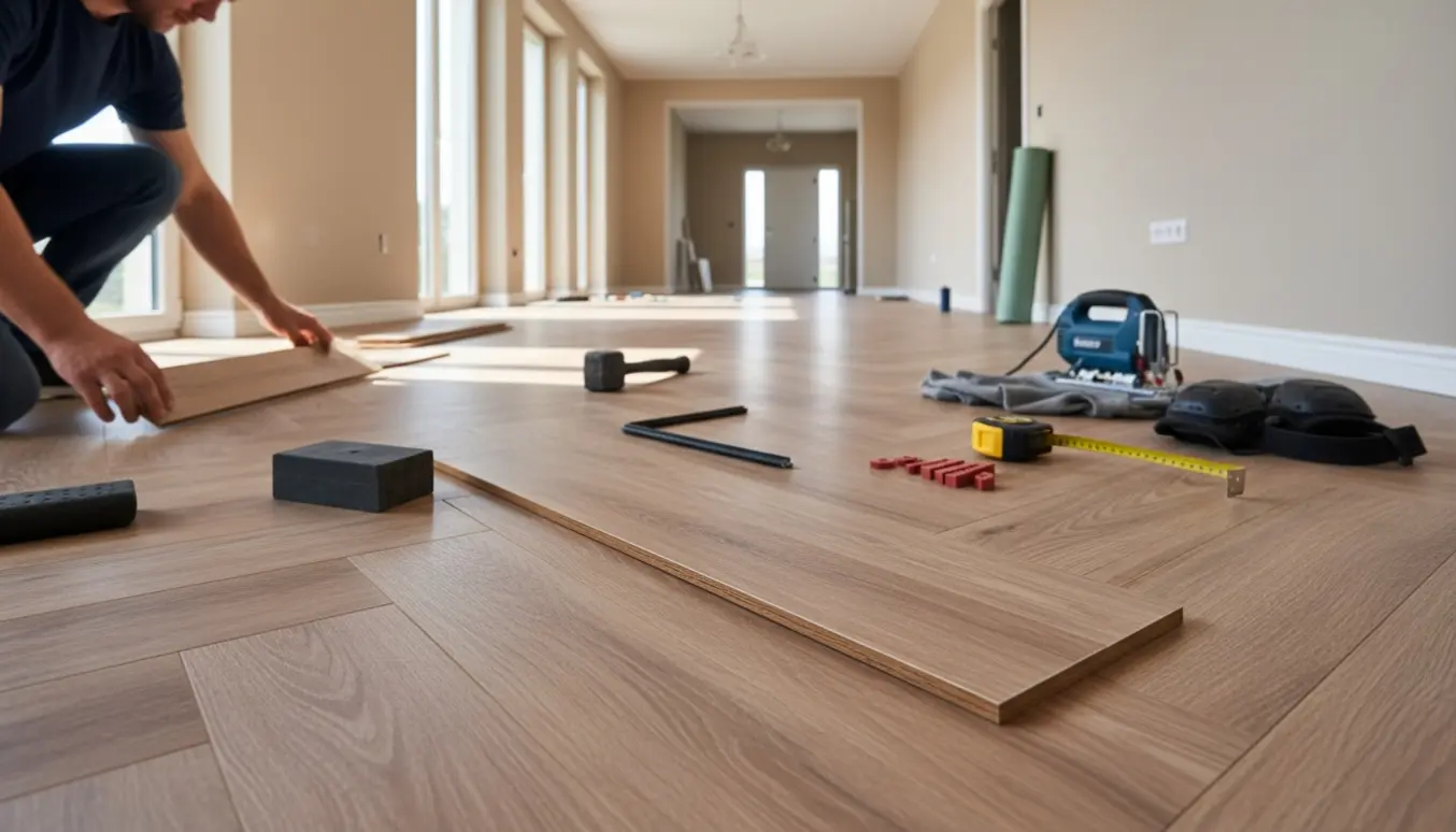 Sildebens vinylgulv monteres i et lyst, stort rum med værktøj og delvist færdigt mønster.