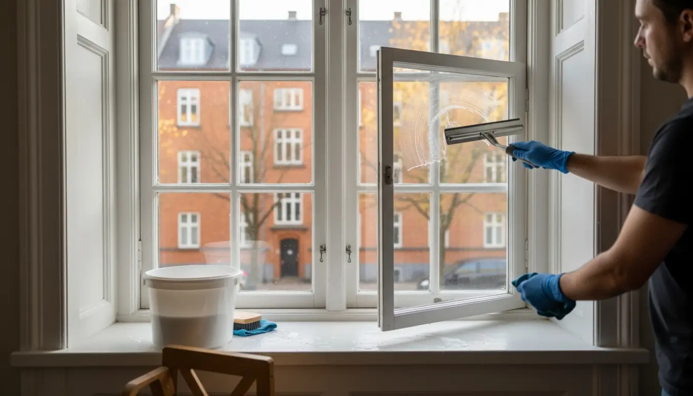 Indvendig og udvendig vinduespudsning i en klassisk Østerbro-lejlighed med squeegee, spand og aftagelig forsatsrude.