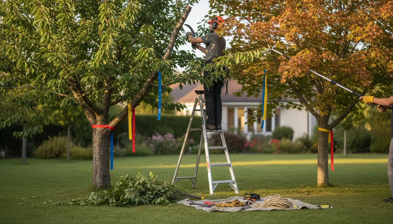 To træer i en villahave bliver beskåret med stige og teleskop-sav, afklippede grene samlet i en stak.