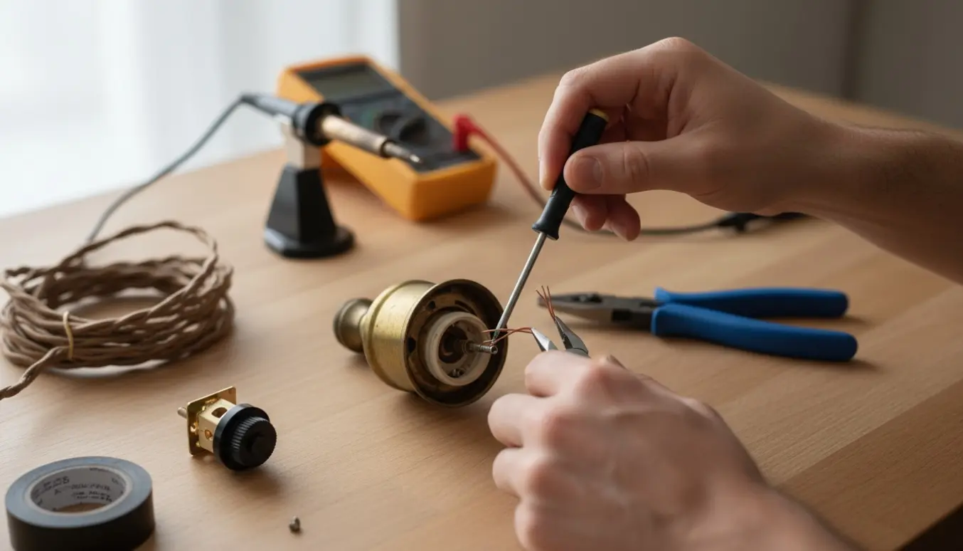 Hænder reparerer kontakten på en gammel bordlampe på et ryddeligt værksted.