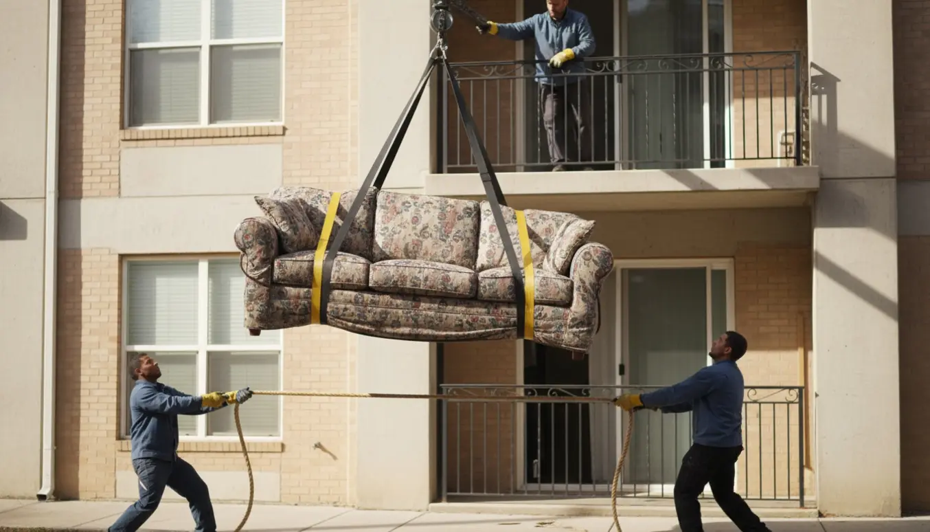 En trepersoners sofa hæves op til 2. sal gennem en altan med stropper og flyttefilt.