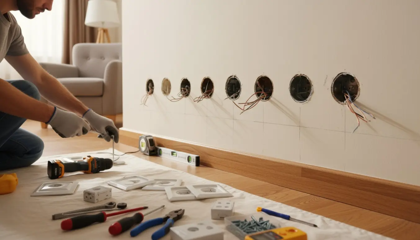 Elektriker skifter og flytter syv stikkontakter fra væggen ned mod panelerne.