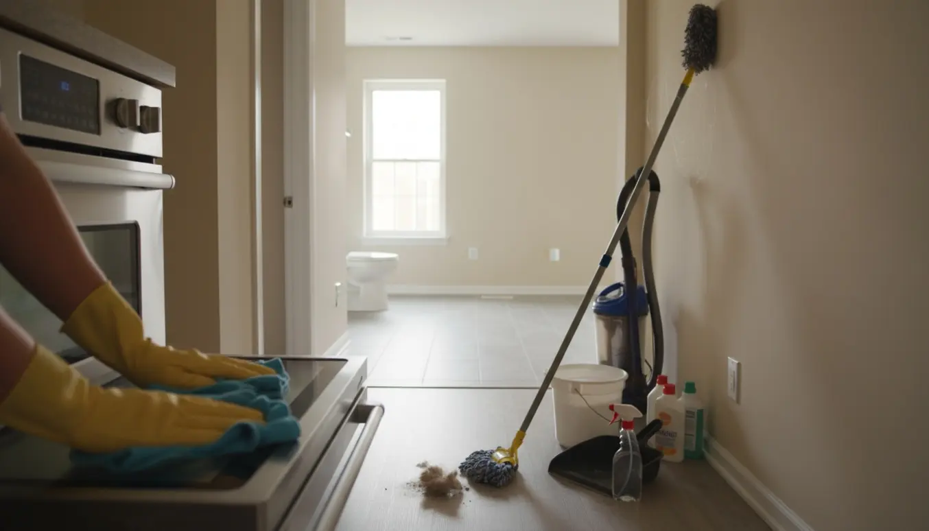 Hænder iført handsker tørrer ovn i et nymalet lille hus med rengøringsudstyr og et rent badeværelse i baggrunden.