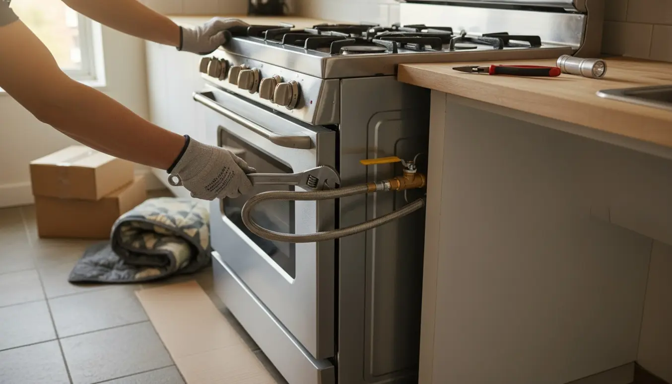 Hænder i handsker afmonterer gasslangen fra et fritstående gaskomfur i et køkken under fraflytning.