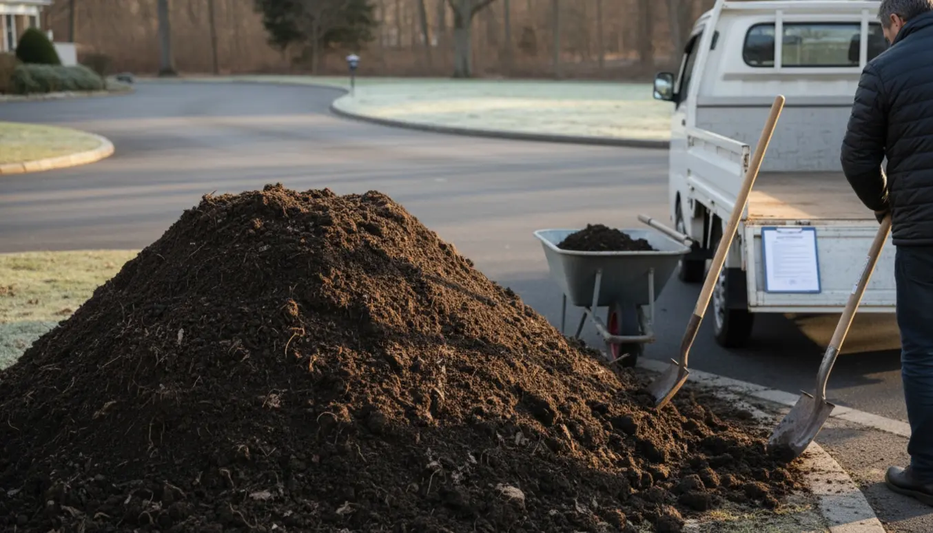 Stor bunke havejord ved kantsten klar til afhentning ved en indkørsel med skovl og pickup.