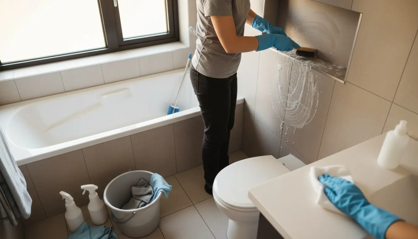 Hånd i gummihandske skrubber fliser og fuger i et lille badeværelse med Corian-bordplade.