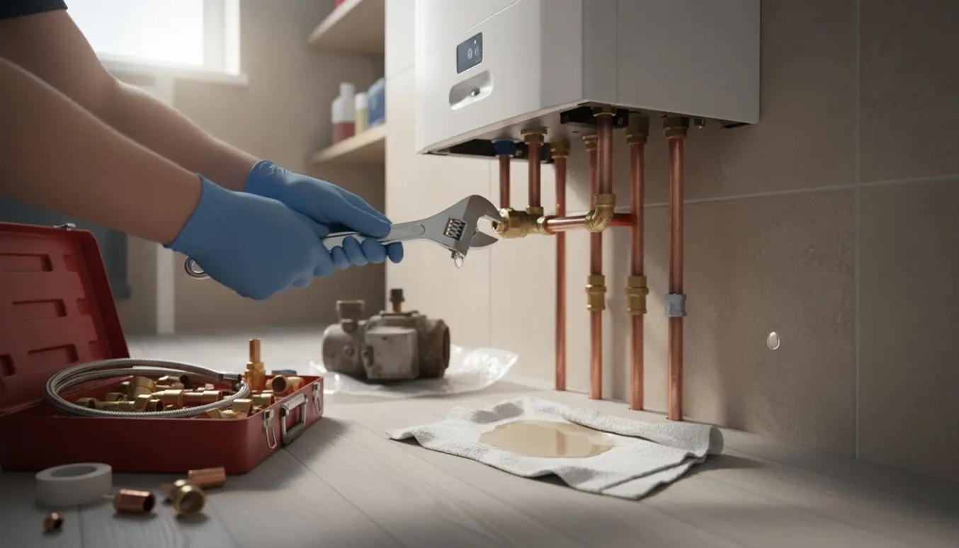 VVS-tekniker udskifter et gasfyr med synlige rør, værktøj og en dryppende samling.