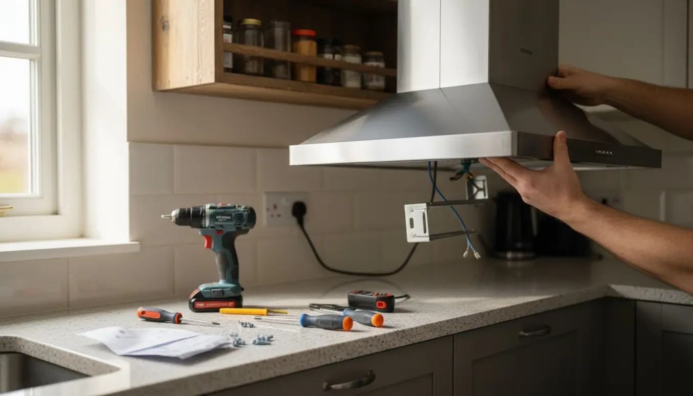 Installatør løfter en ny integrerbar emhætte op under en krydderihylde i et moderne køkken.