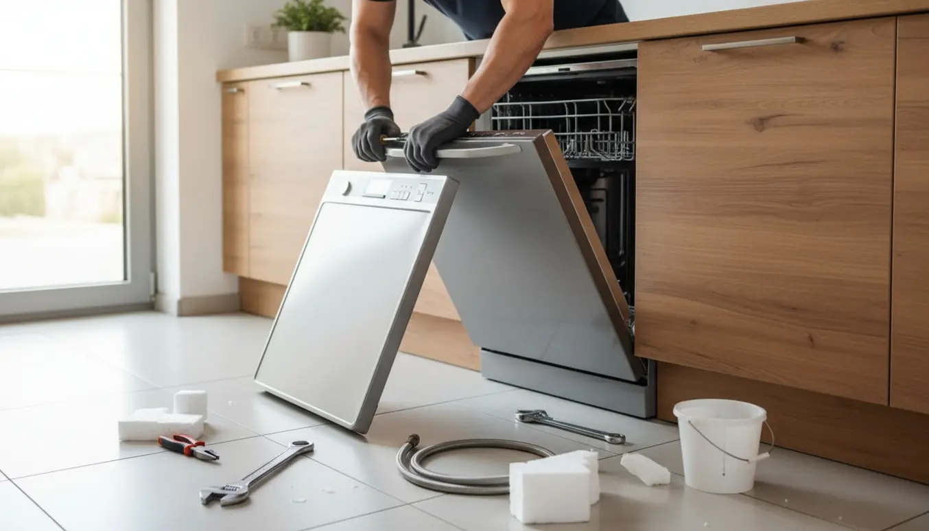 Montering af indbygget opvaskemaskine i køkken med værktøj og udskiftet frontpanel.