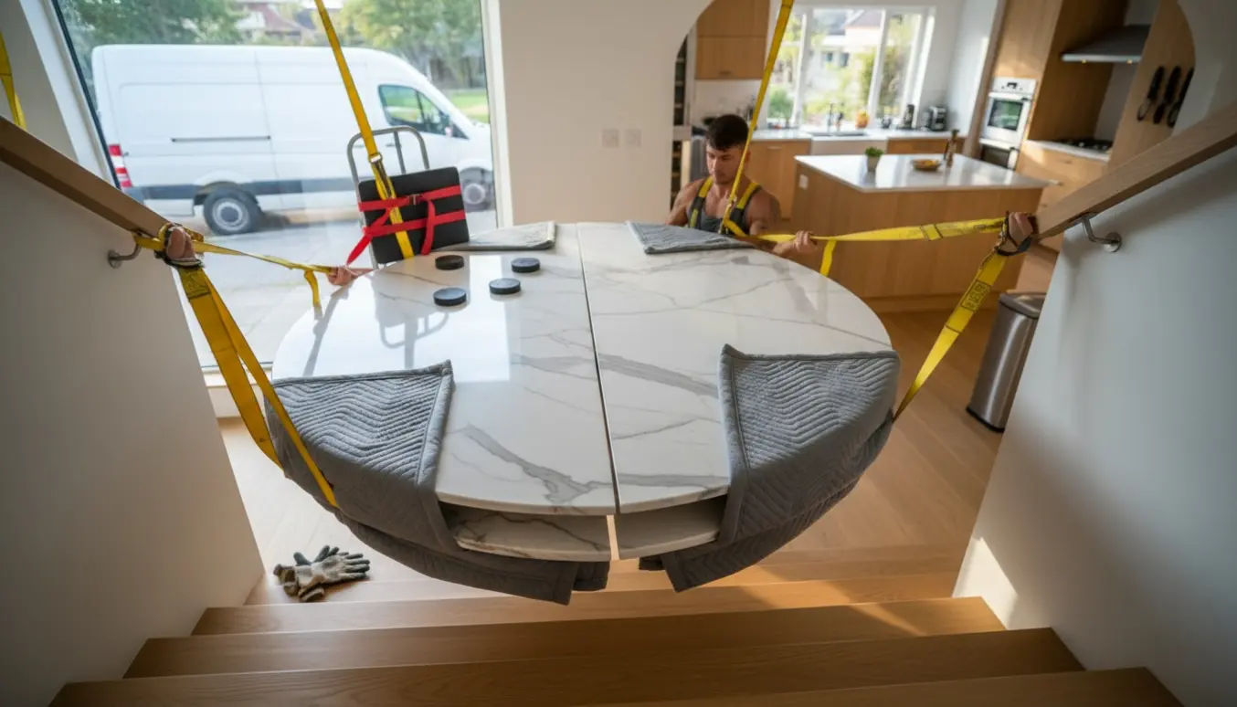 To flyttere bærer to marmorbordshalvdele op ad en trætrappe mod køkkenet med beskyttende tæpper og løftestropper.