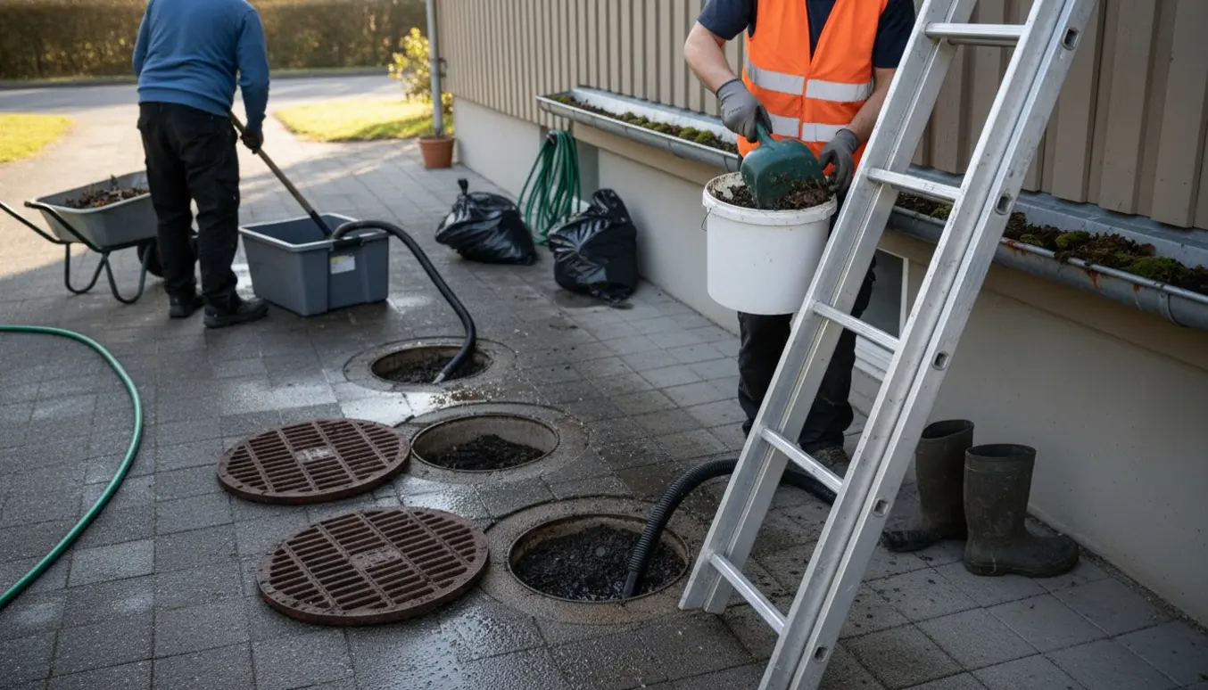 En person på stige renser tagrenden, mens tre åbne sandfangsbrønde renses på fortovet.