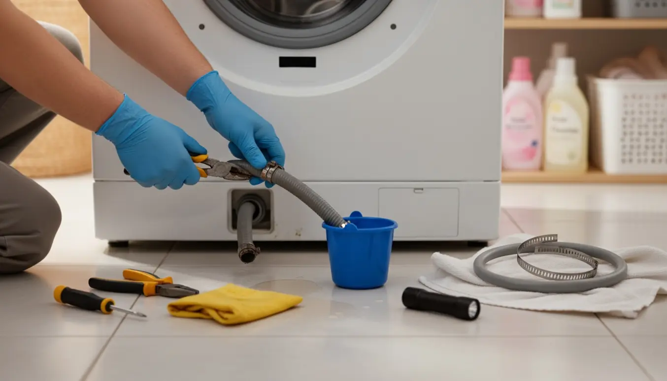 Hænder udskifter afløbsslange på en hvid vaskemaskine med værktøj og spand ved siden af.