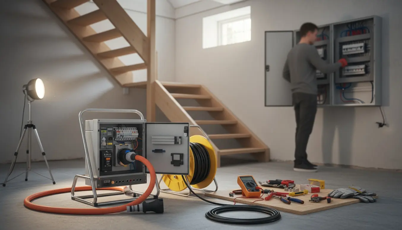 En elektriker tilslutter en midlertidig byggestrømstavle i kælderen med kabler og værktøj.