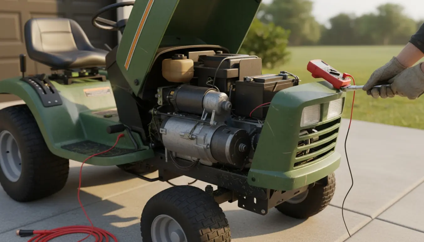 Have-traktor med åben motorhjelm og hænder, der kontrollerer startmotor og batteri.