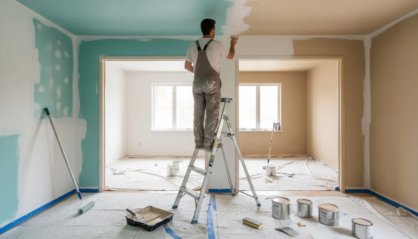En maler på en stige maler et højt loft og vægge fra turkis til beige med malerbøtter og afdækning i rummet.