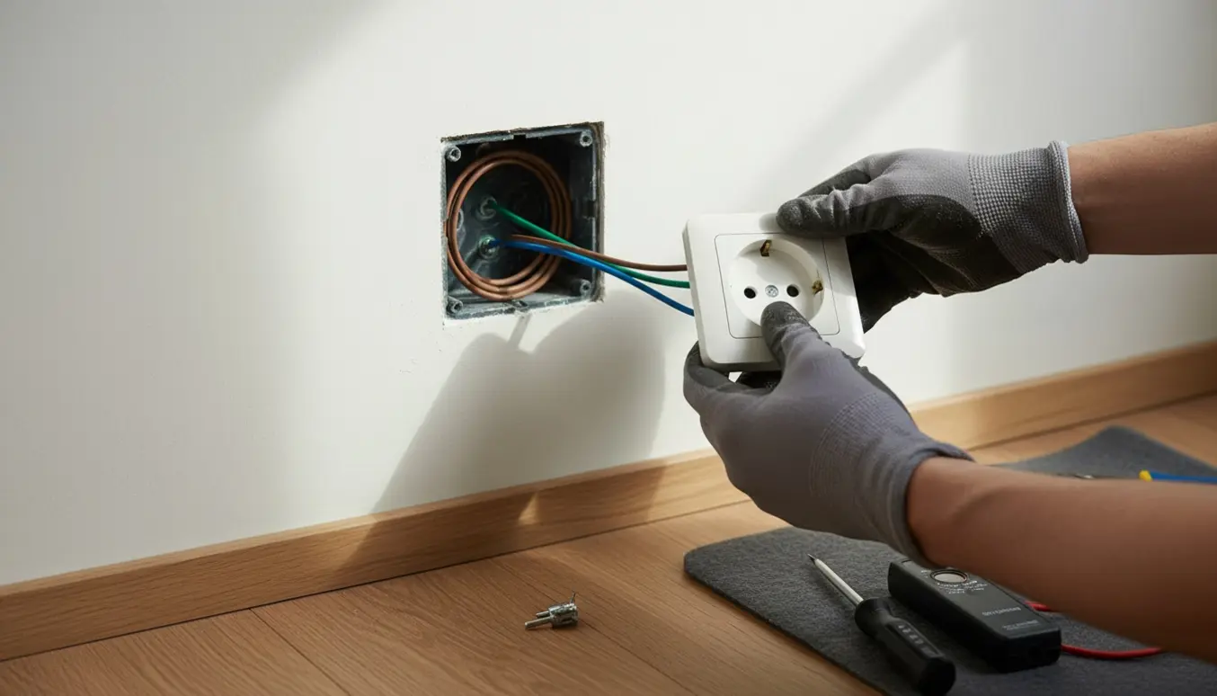 Hænder udskifter en hvid LK Fuga stikkontakt med jord i en moderne bolig, med værktøj og ledninger synlige.