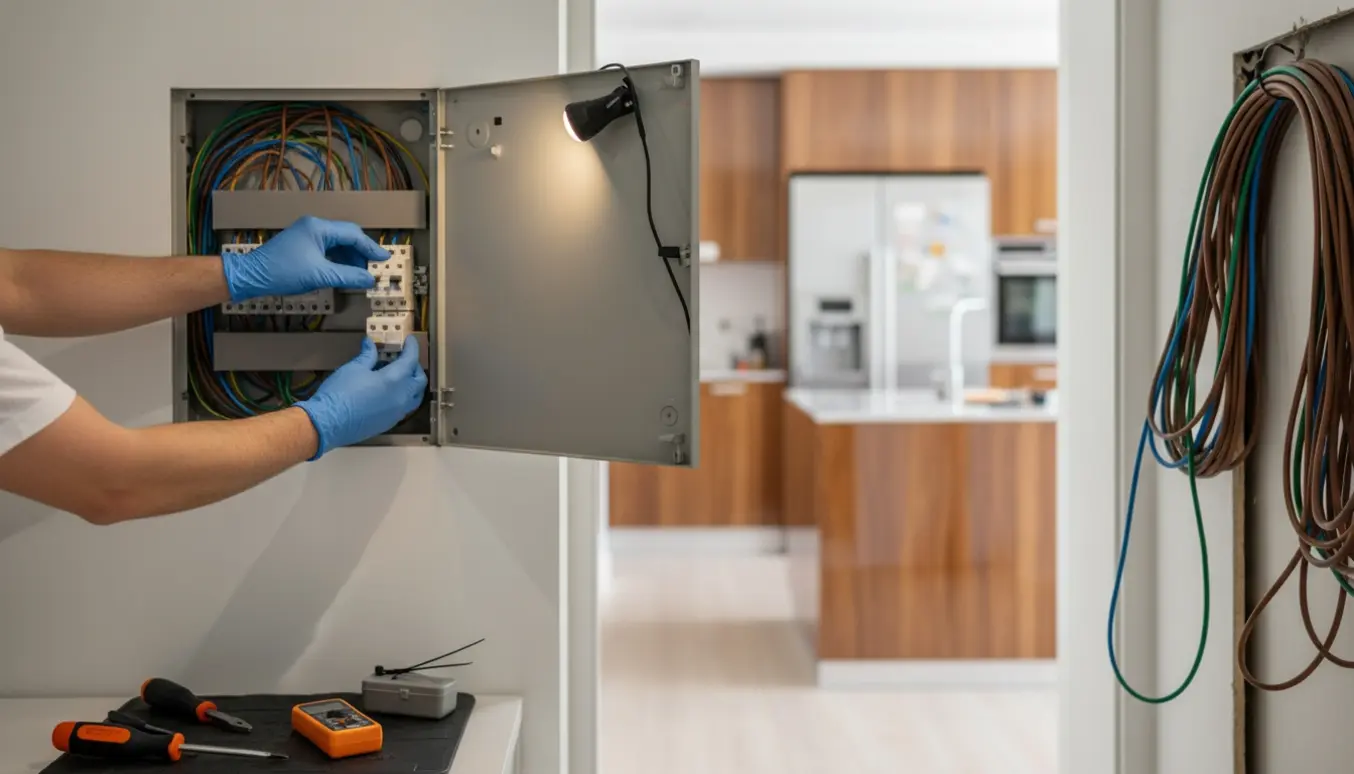 Glovesede hænder monterer en ny gruppe i en åben eltavle med kabler trukket mod køkkenet.