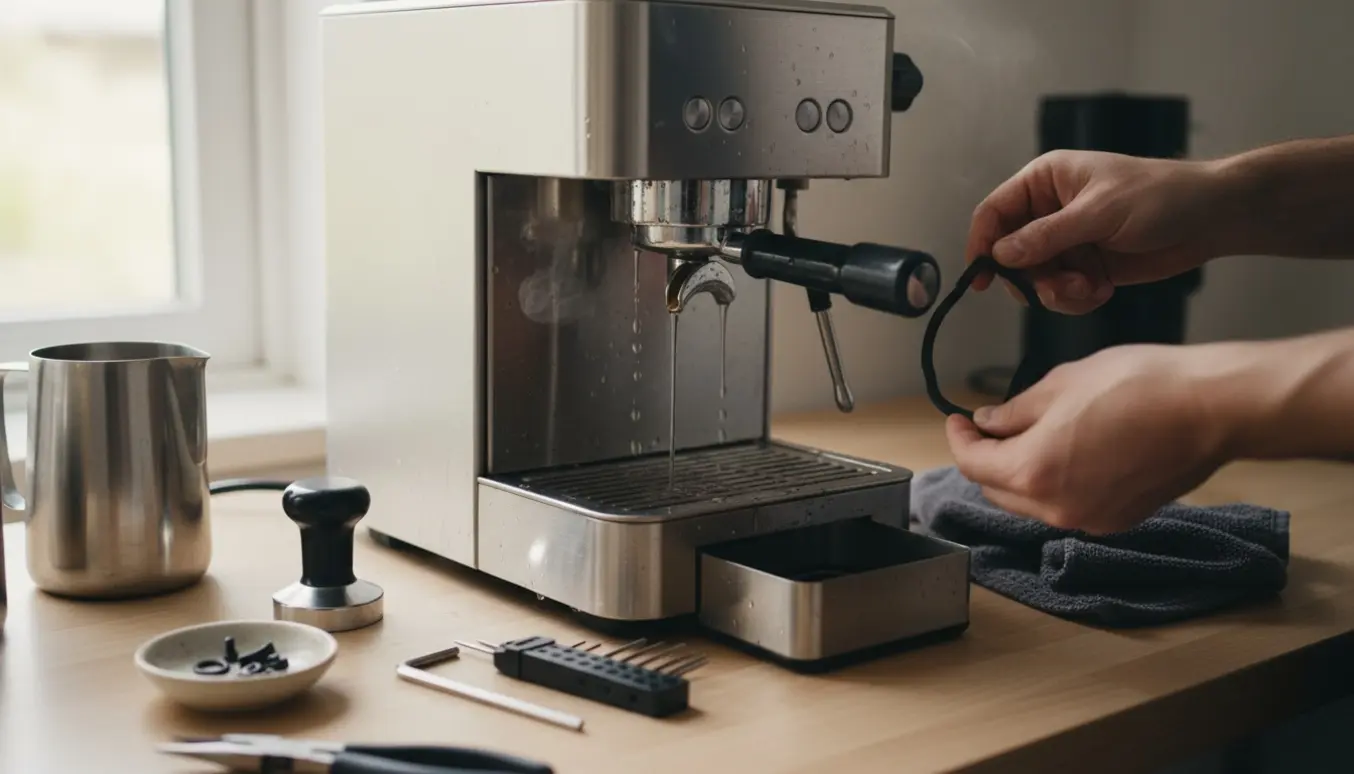 Nærbillede af hænder, der inspicerer og reparerer en lækage ved gruppehovedet på en espressomaskine.