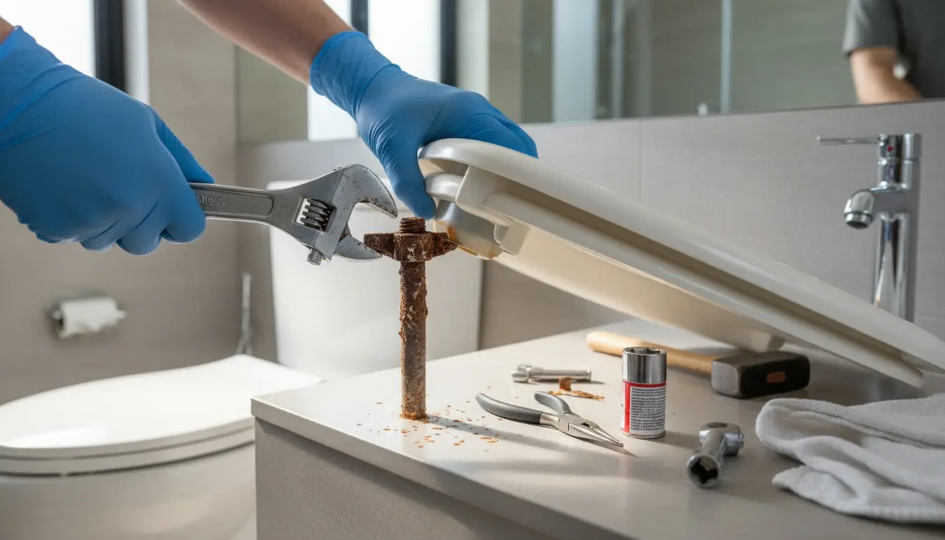 Nærbillede af hænder, der løsner en rusten møtrik under et toilet for at udskifte toiletbrættet.