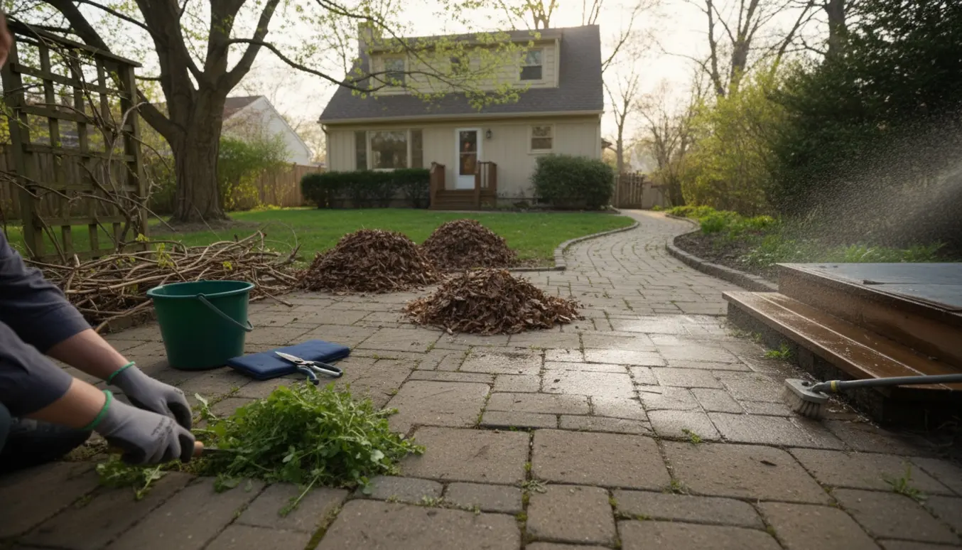 Haveforberedelse med rive, ukrudtsrens mellem fliser, beskæring af blåregn og vask af alger på trætrappe.
