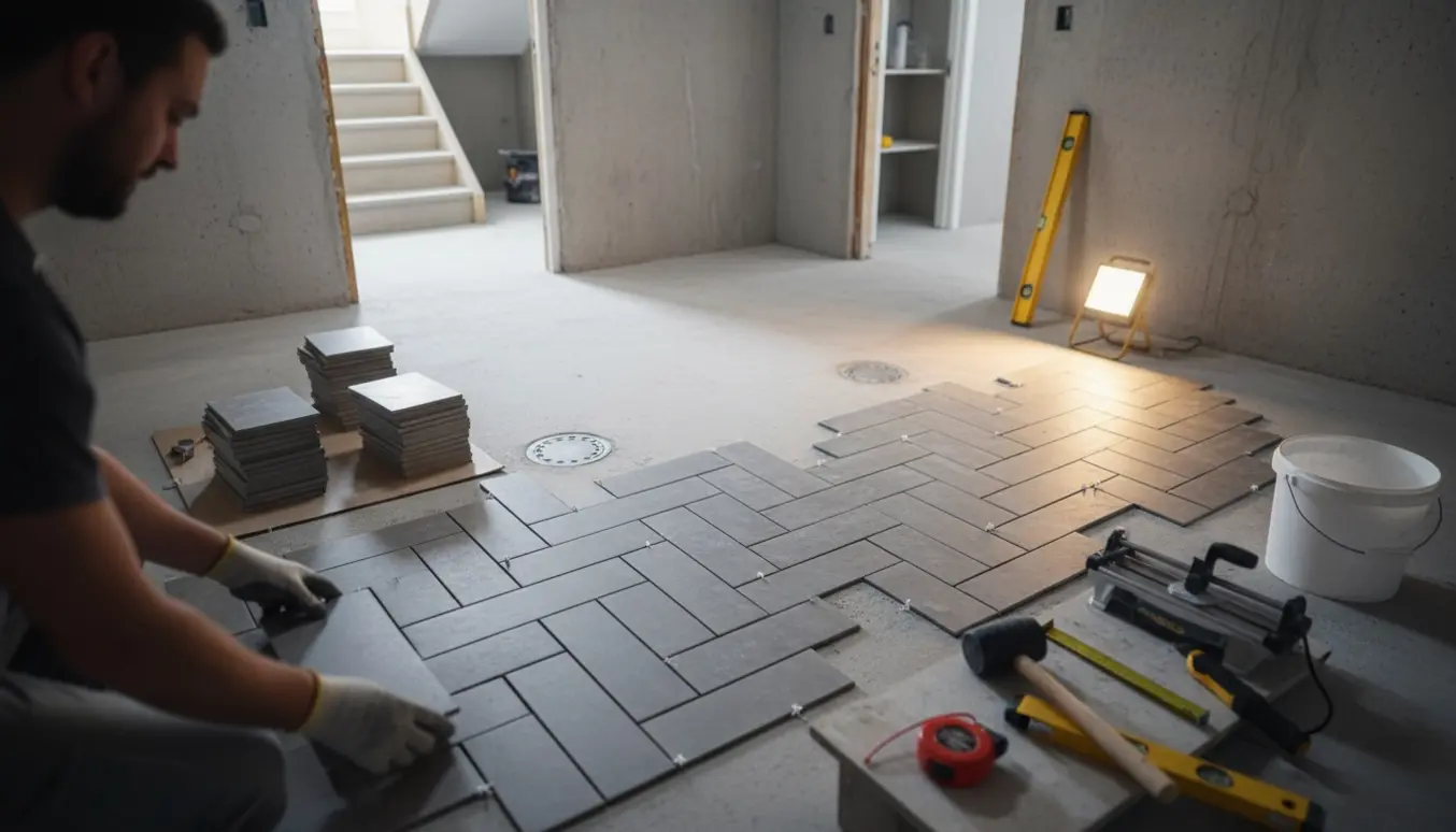 Kælder med tørudlagte 30x60 cm klinker på råt betongulv, værktøj og to gulvafløb.