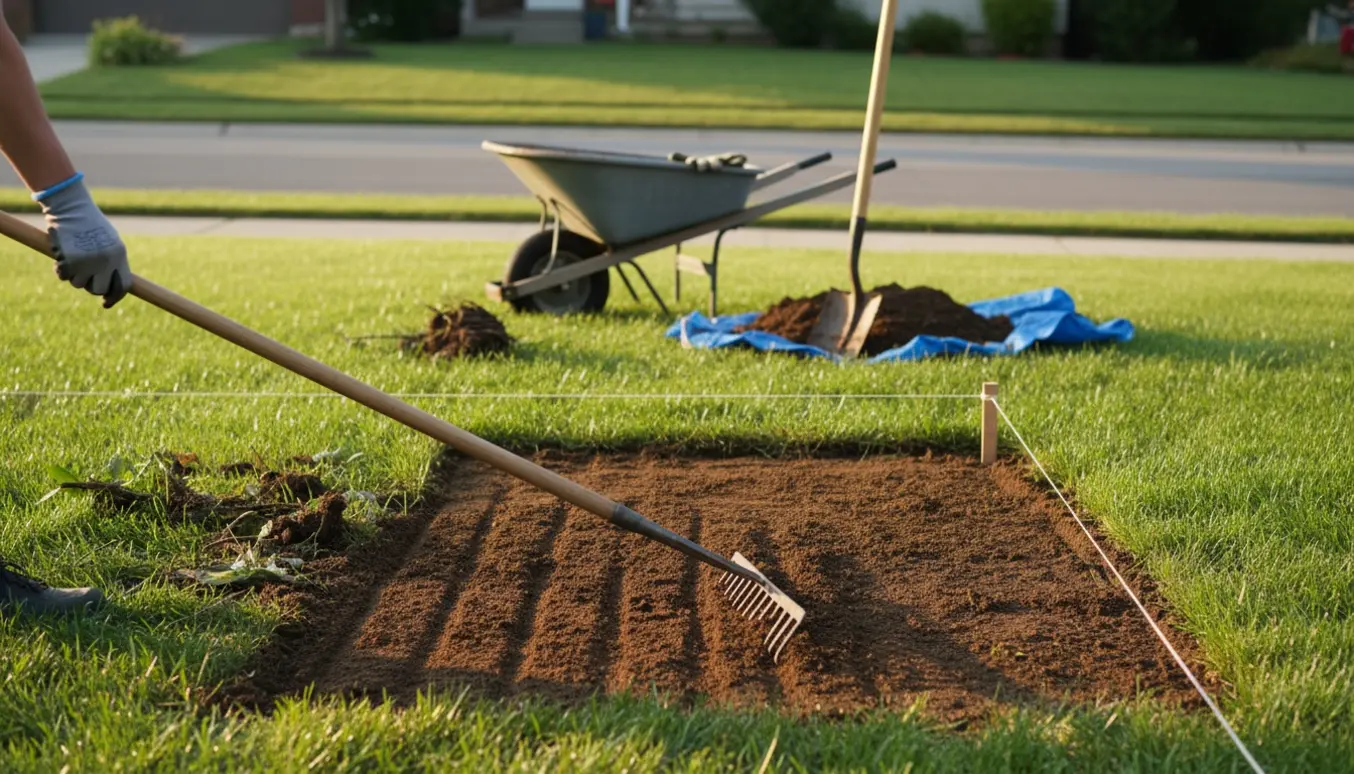 Et smalt forhavebed fjernes og jorden jævnes mod vejen, med rive og trillebør i solen.