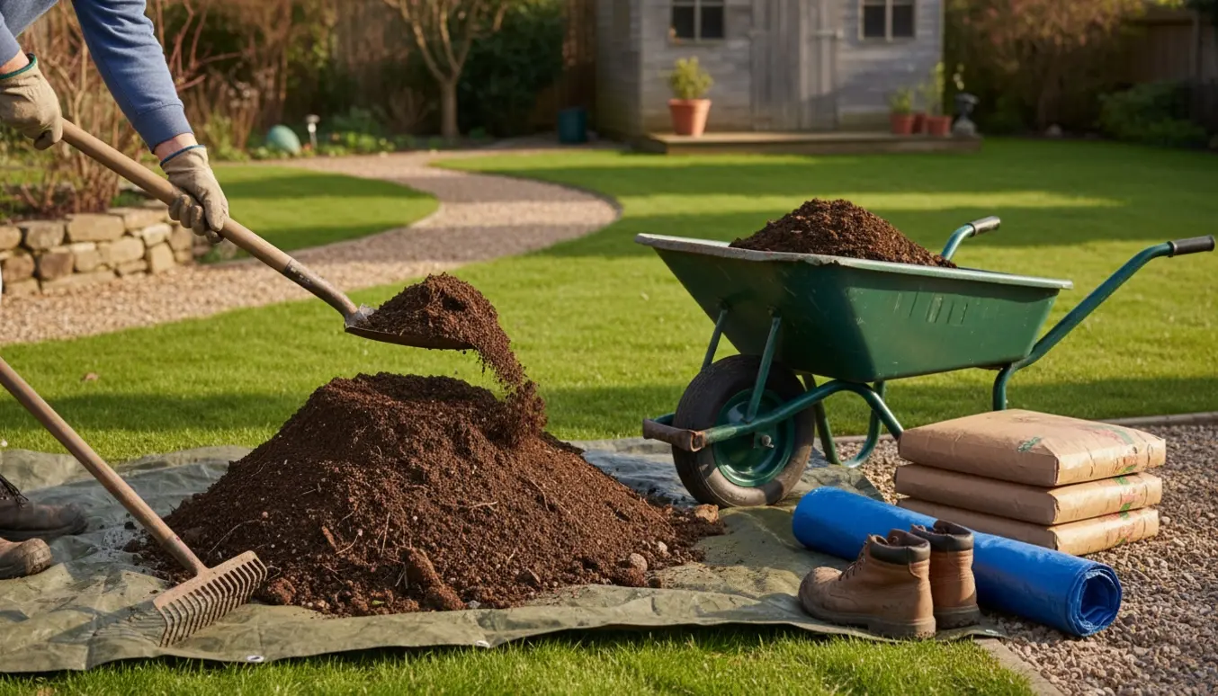 En person fylder en trillebør med jord fra en stor bunke i en solrig baghave.